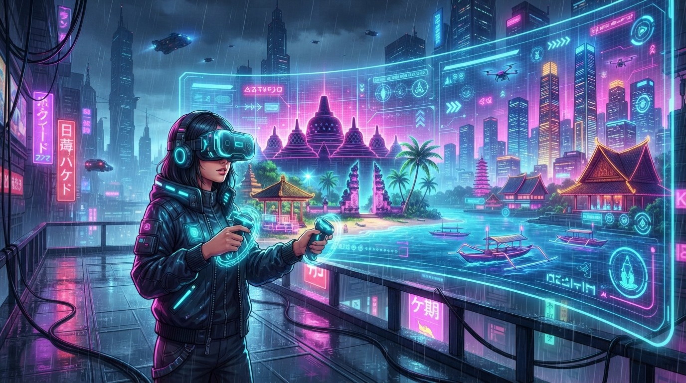 Virtual tour Indonesia 2026 - ilustrasi cyberpunk VR headset dengan panorama destinasi Indonesia