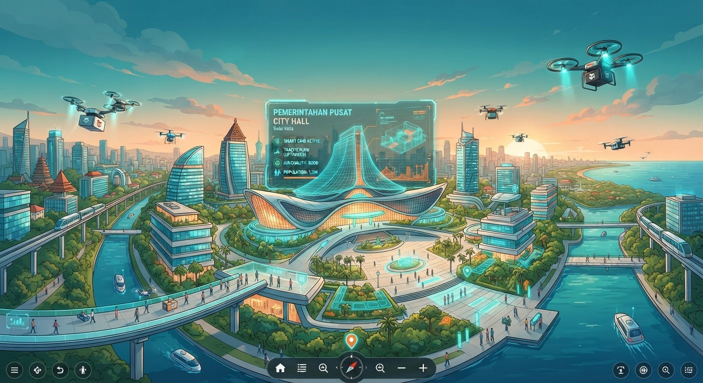 Virtual tour pemerintah daerah untuk smart city 2026 - ilustrasi gedung pemerintahan dengan teknologi 360 dan digital twin