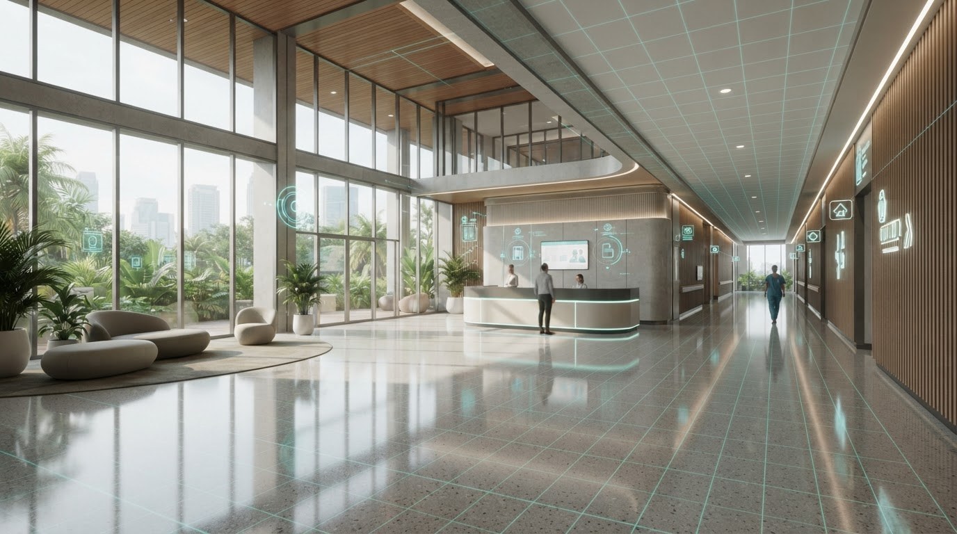 Virtual tour rumah sakit untuk akreditasi KARS 2026 - ilustrasi lobi rumah sakit dengan teknologi panorama 360